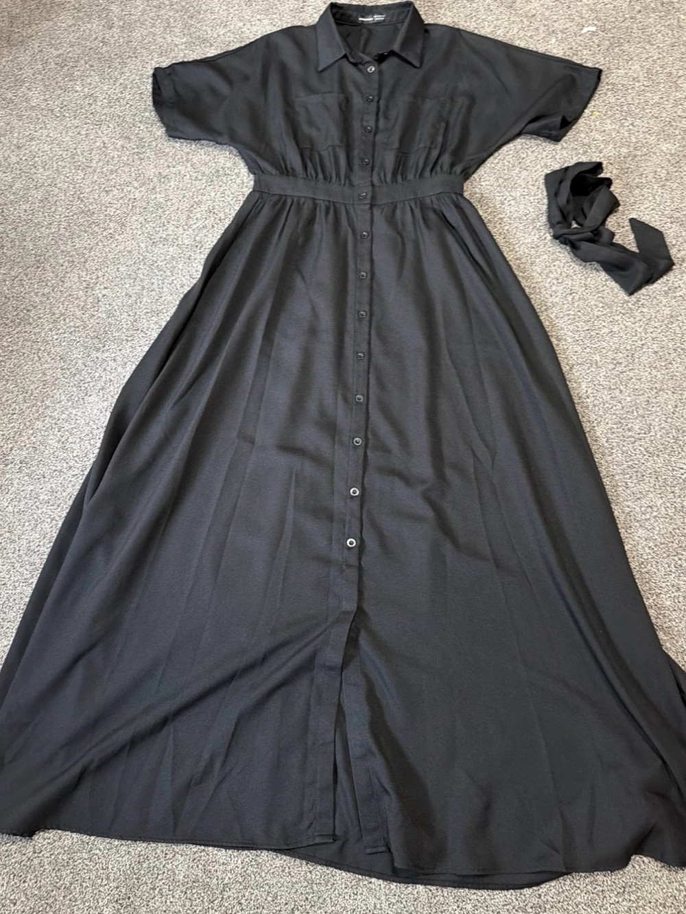 SHEIN Black Button-Front Maxi Shirt Dress with Self-Tie Belt